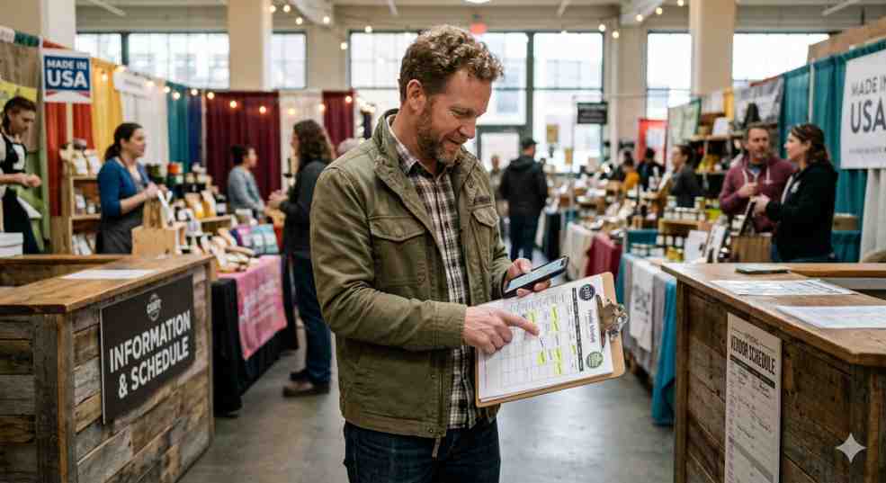 Checking vendor schedules at dallas farmers market
