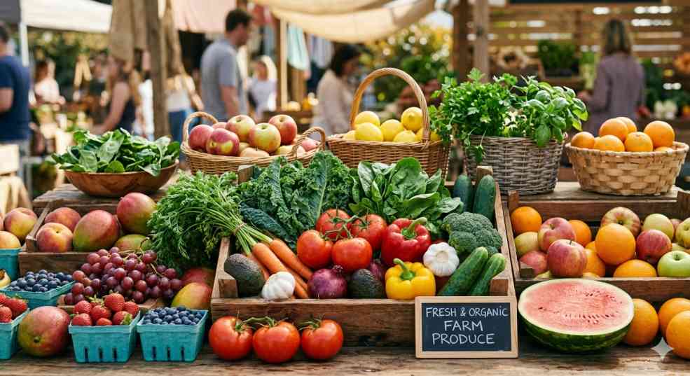 Fresh fruits and vegetables inside dallas farmers market